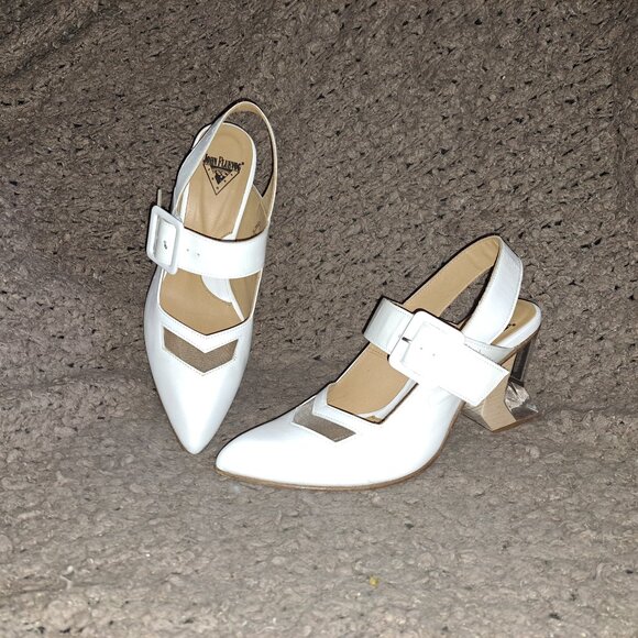 JOHN FLUEVOG-Bolt-White Leather/Patent Geometric Slingback Heel-Sz 8-Near Mint - Picture 1 of 9